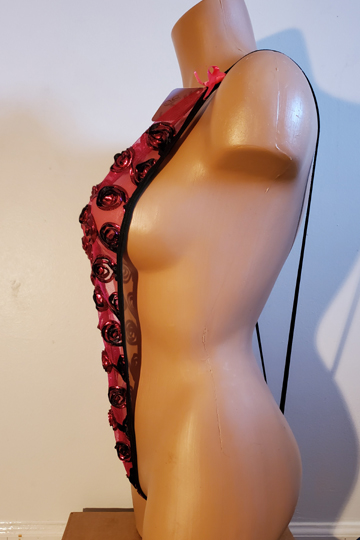 Side view of red nighty with swirly roses